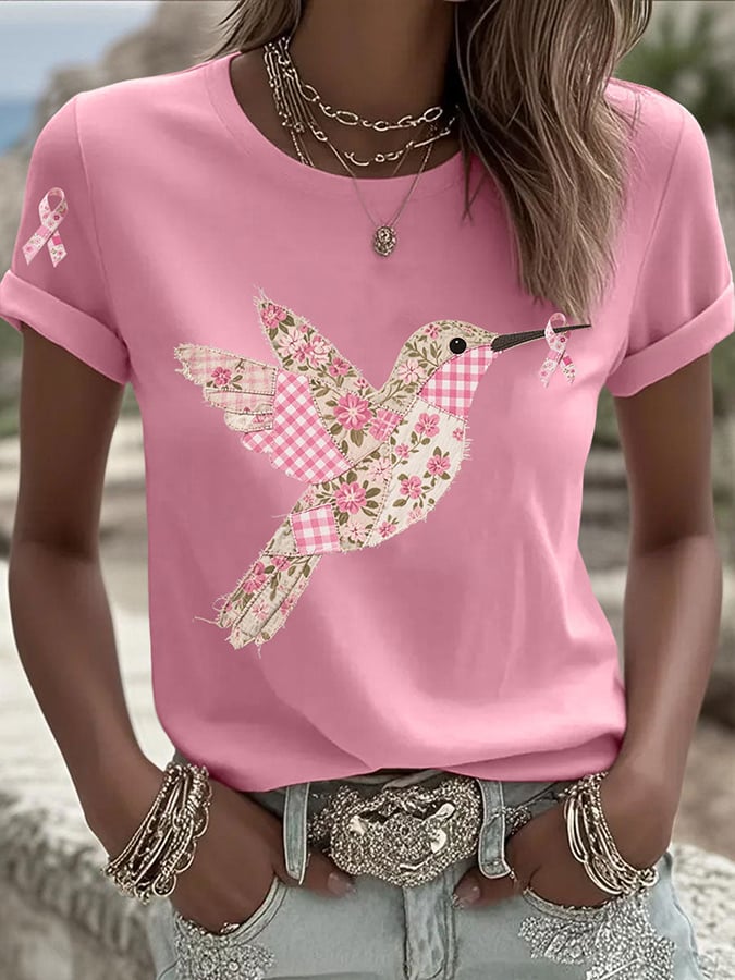 Women's Pink Hummingbird Print Round Neck T-Shirt