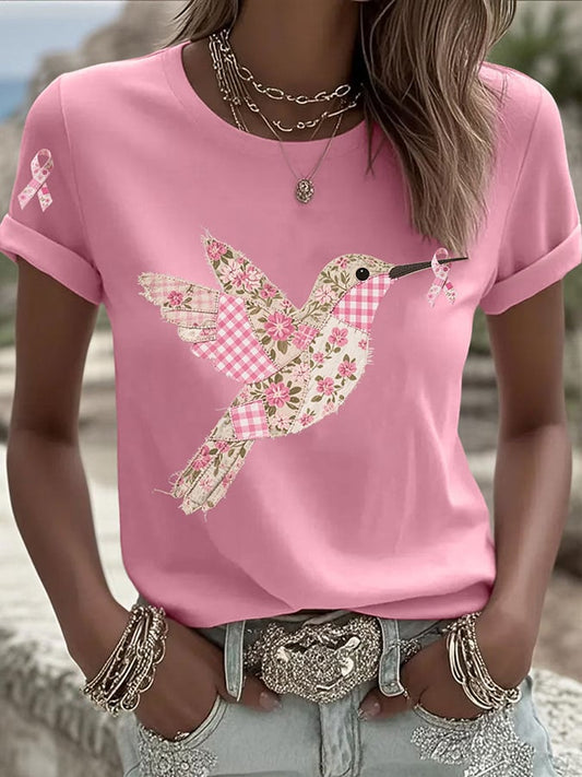 Women's Pink Hummingbird Print Round Neck T-Shirt