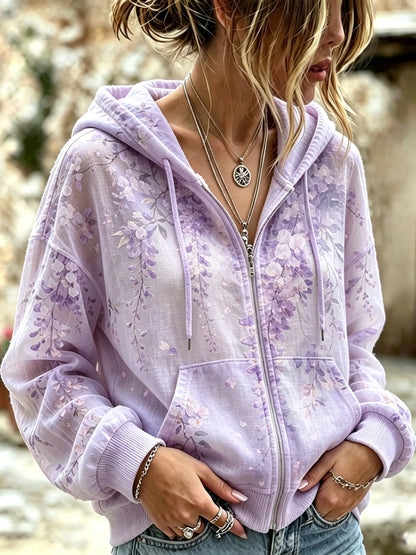 Women's Vintage Wisteria Flowers Art Art Flowy Linen Blend Hooded Zipper Tops