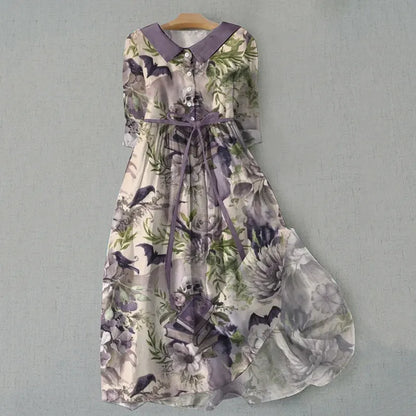 Vintage Halloween Floral Design Print Lace-up Casual Midi Dress