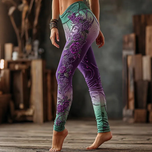 Women's Retro Purple Floral Gradient Pattern Casual Leggings