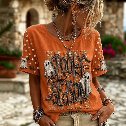 Women's Halloween Ghost Pattern Crew Neck Short Sleeve T-shirt