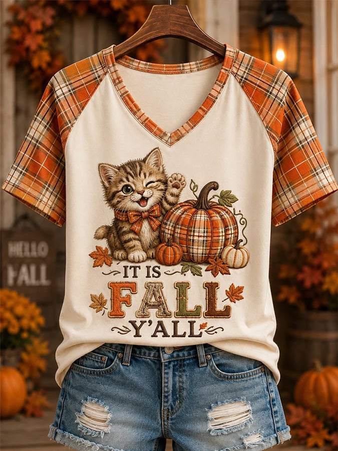 Women'S Autumn Cute Cat Pumpkin Plaid Print Casual T-Shirt