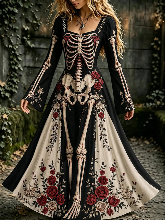 Women's Halloween Gothic Skeleton & Floral Long-sleeve Maxi Dress