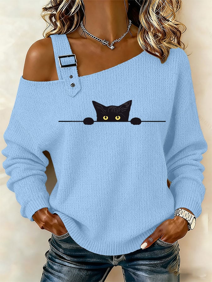 Women's Cute Cat Print Off-Shoulder Knit Top