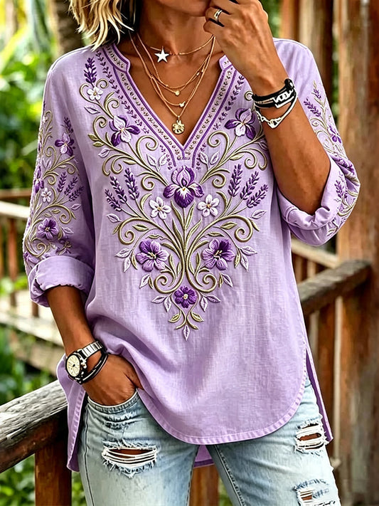 Women's Retro Purple Floral Art Cotton Linen V-neck T-shirt