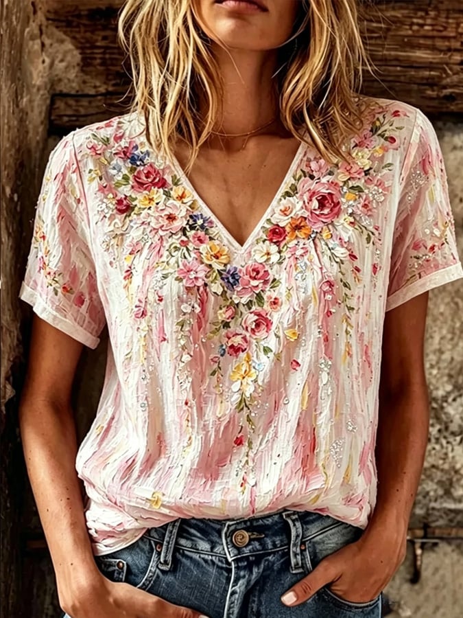 Women's Retro Breast Cancer Floral Print Top