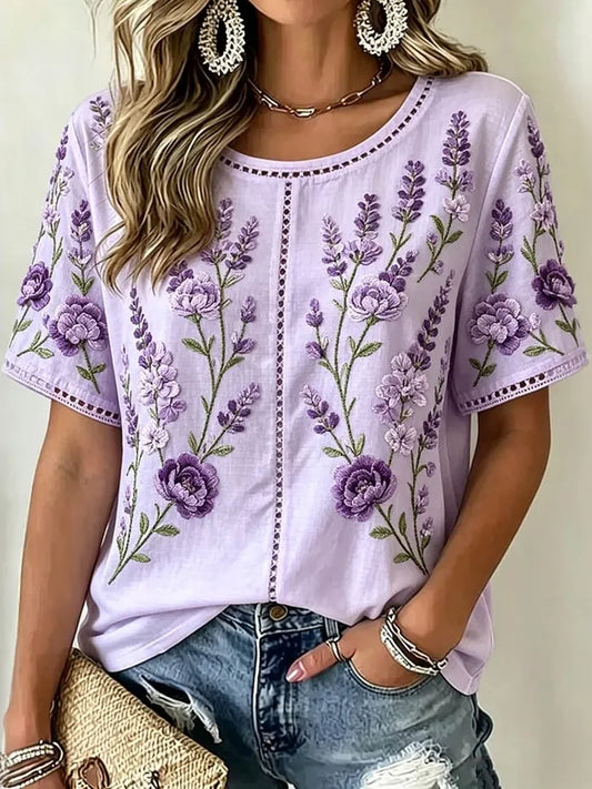 Women's Retro Floral Embroidery Art Crew Neck Short Sleeve T-shirt