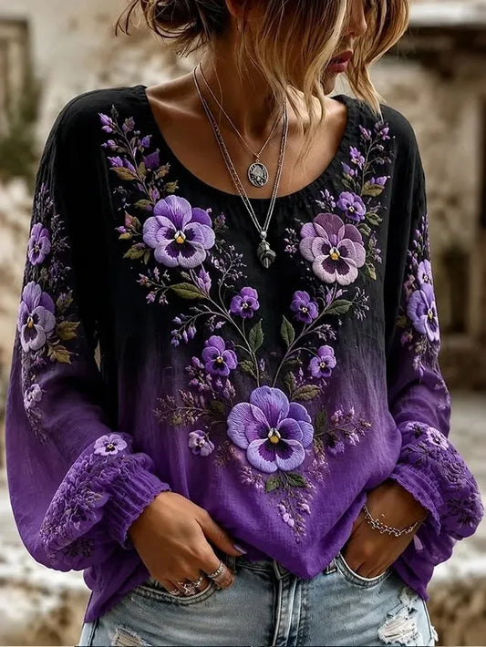 Women's Retro Pansy Embroidery Art Crew Neck Long Sleeve T-shirt