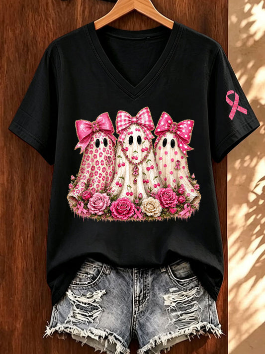 Women'S Breast Cancer Awareness And Ghost Witch Halloween Support Printed T-Shirt