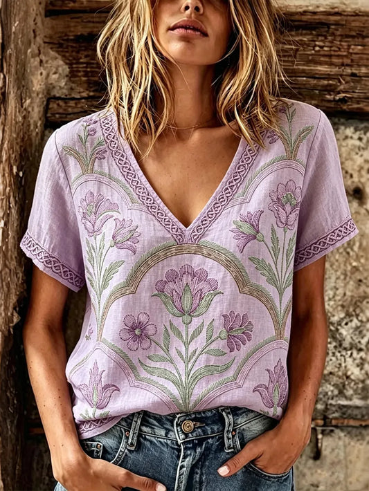 Women's Vintage Floral Embroidery Linen Blend V-neck Short-sleeve T-shirt