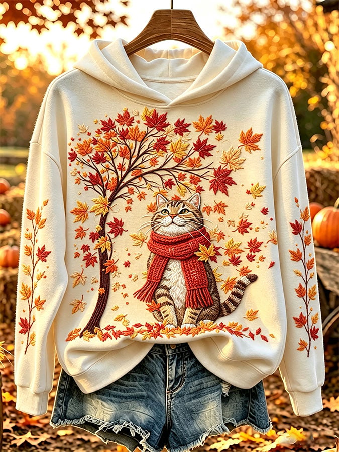 Women's Casual Cat and Maple Leaf Print Hooded Sweatshirt