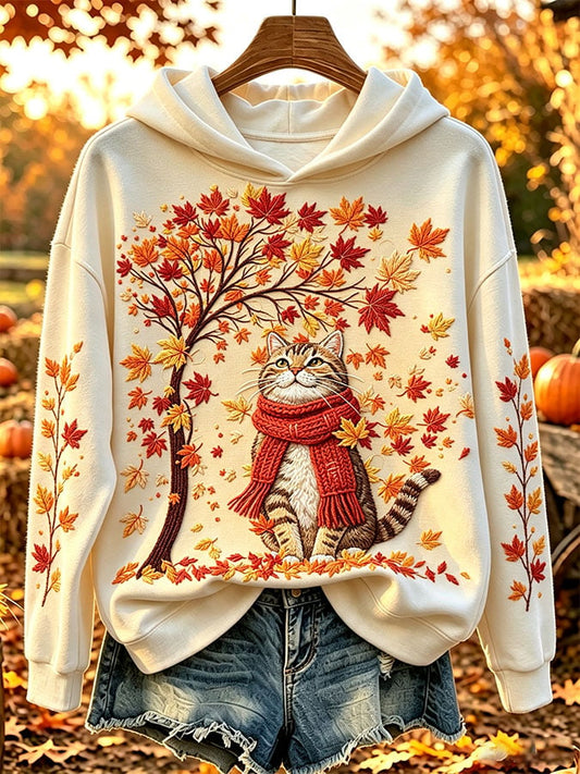 Women's Casual Cat and Maple Leaf Print Hooded Sweatshirt