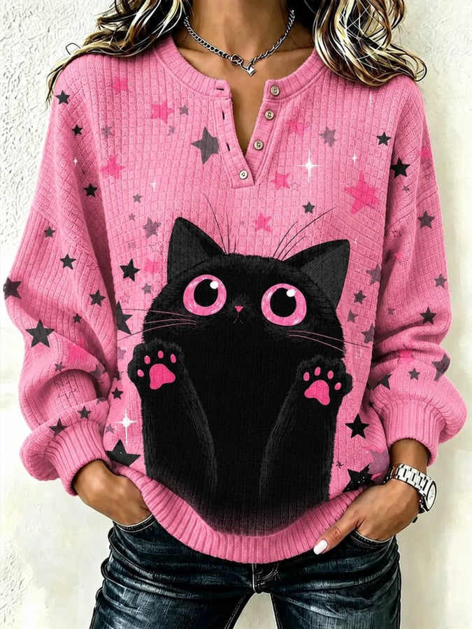 Women's Cute Cat-Print Sweatshirt