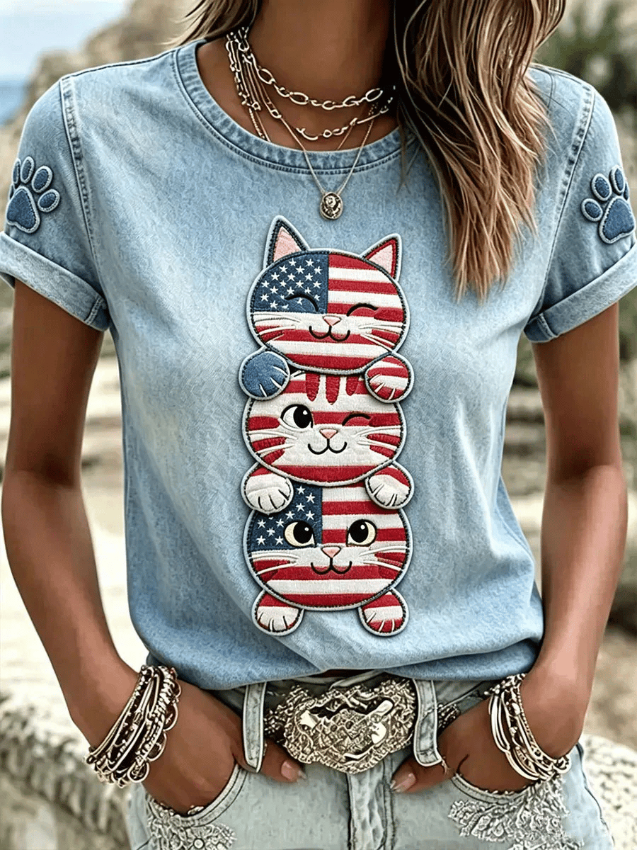 Women's Retro Cat Flag Print Comfortable T-Shirt