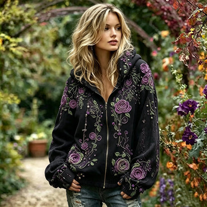 Women's Retro Purple Rose Embroidered Casual Warm Zipper Hoodie