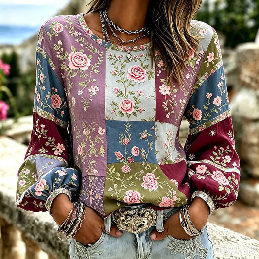 Women's Vintage Pink Floral Art Patchwork Linen Cotton Blend Crew Neck Long Sleeve Top