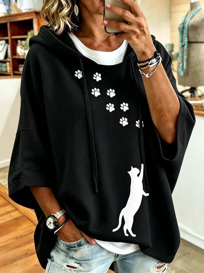 Women's Cute Cat Print Hooded Sweatshirt