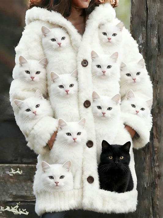 Women's Vintage Cute Cat Printed Knitted Fabric Plush Jacket