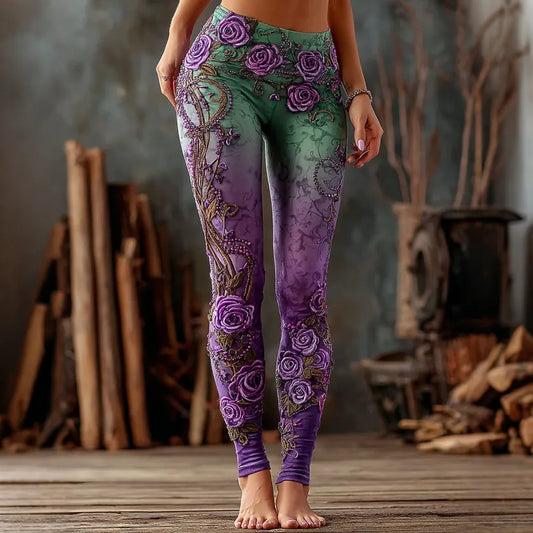 Women's Retro Floral Gradient Pattern Casual Leggings