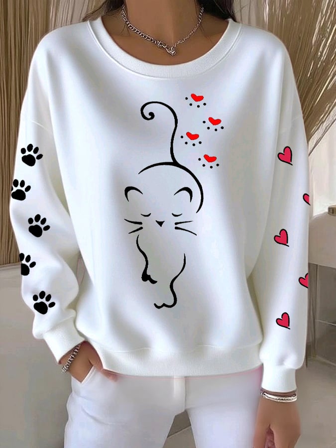 Women's Retro Animal Cat Paw Print Round Neck Sweatshirt