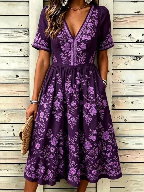 Women's Retro Resort Floral V-neck Cotton Linen Short-sleeve Dress