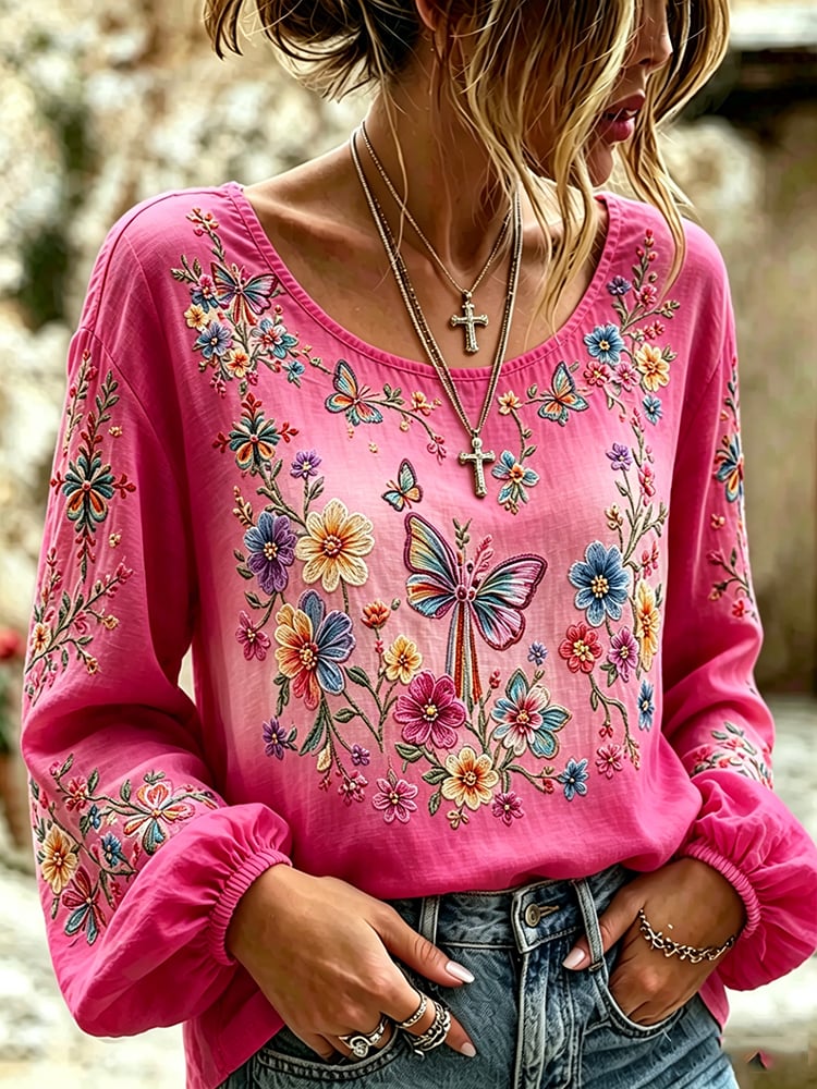 Women's Pink Gradient Print Cotton-Linen Shirt