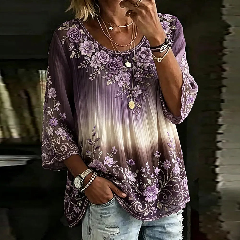 Women's Purple Floral And Rhinestone Art Texture Casual Crew Neck Top