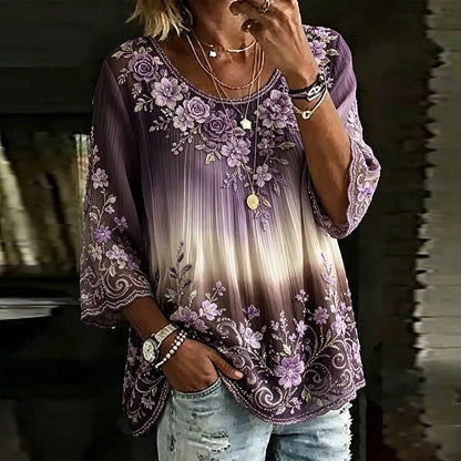 Women's Purple Floral And Rhinestone Art Texture Casual Crew Neck Top