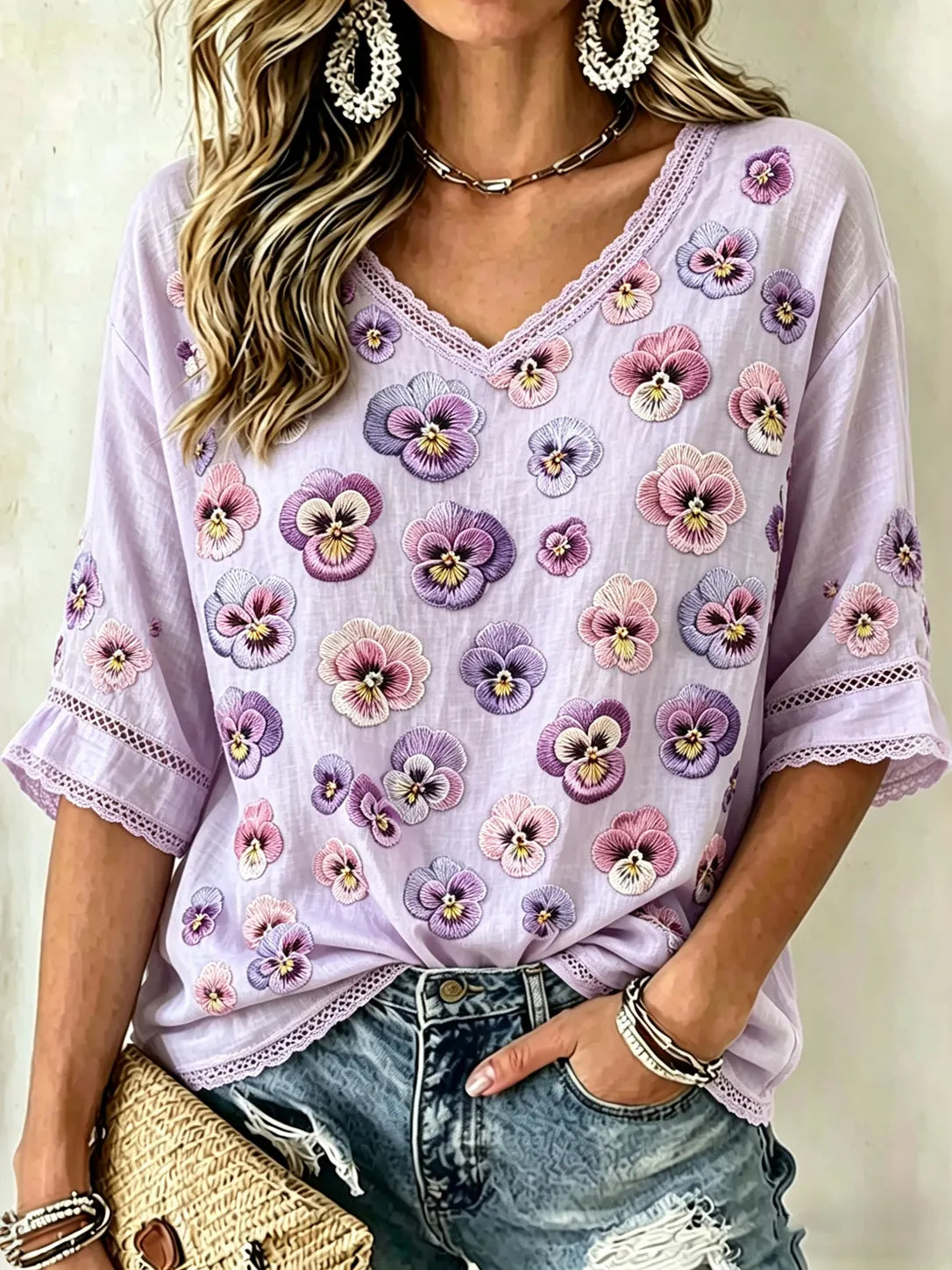 Women's Retro Pansies Embroidery Art V-neck Cotton Linen Short-sleeved T-shirt