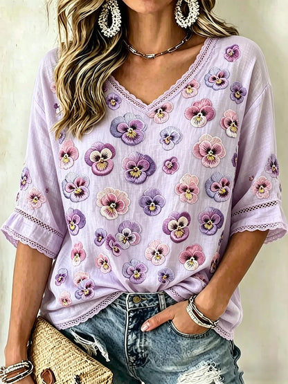Women's Retro Pansies Embroidery Art V-neck Cotton Linen Short-sleeved T-shirt