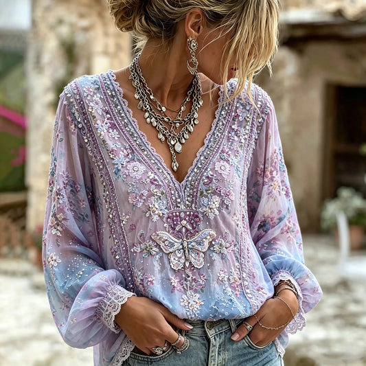 Women's Retro Bohemian Butterfly Rhinestone Lilac Gradient Floral Decoration V-neck Lace Trim Top