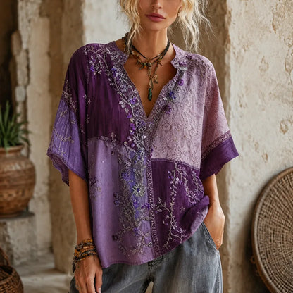 Women’s Boho V-neck Blouse With Purple Patchwork And Floral Embroidery