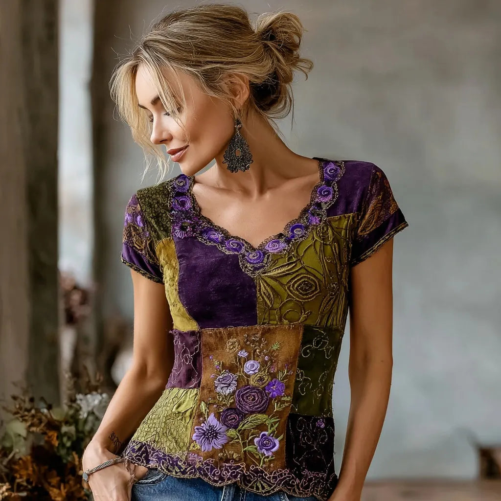 Women's Retro Purple Floral Patchwork Casual T-shirt