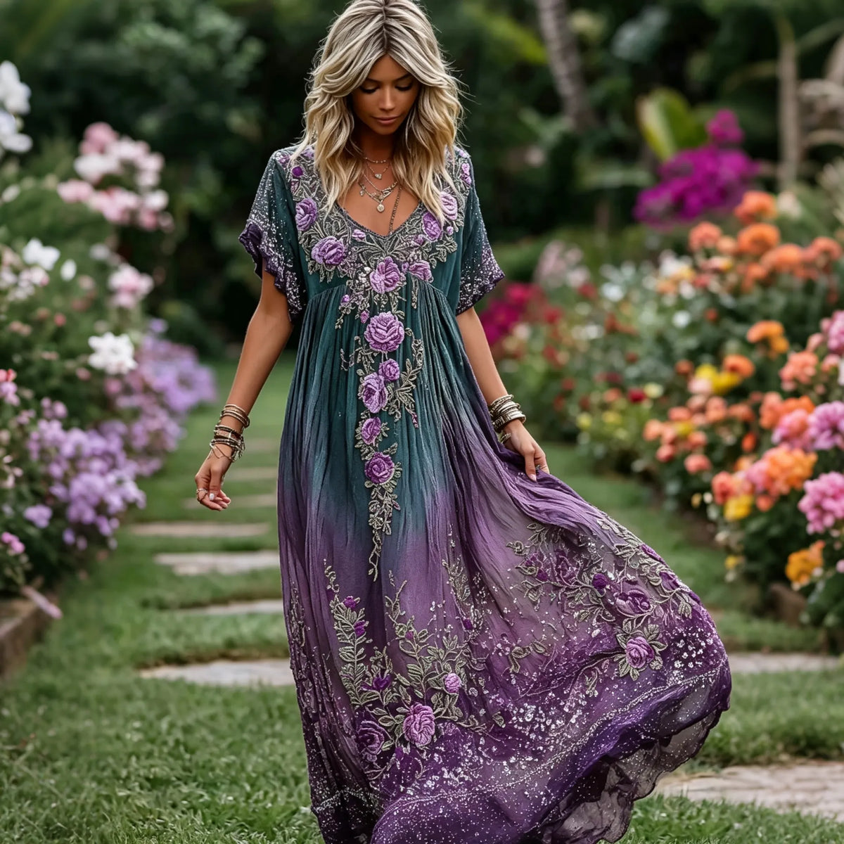 Women's Purple Floral Print Alzheimer's Awareness Casual Dress