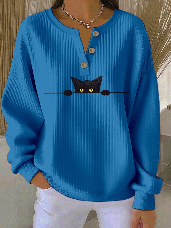 Women's Cat Print Knitted Crew Neck Long Sleeve Top