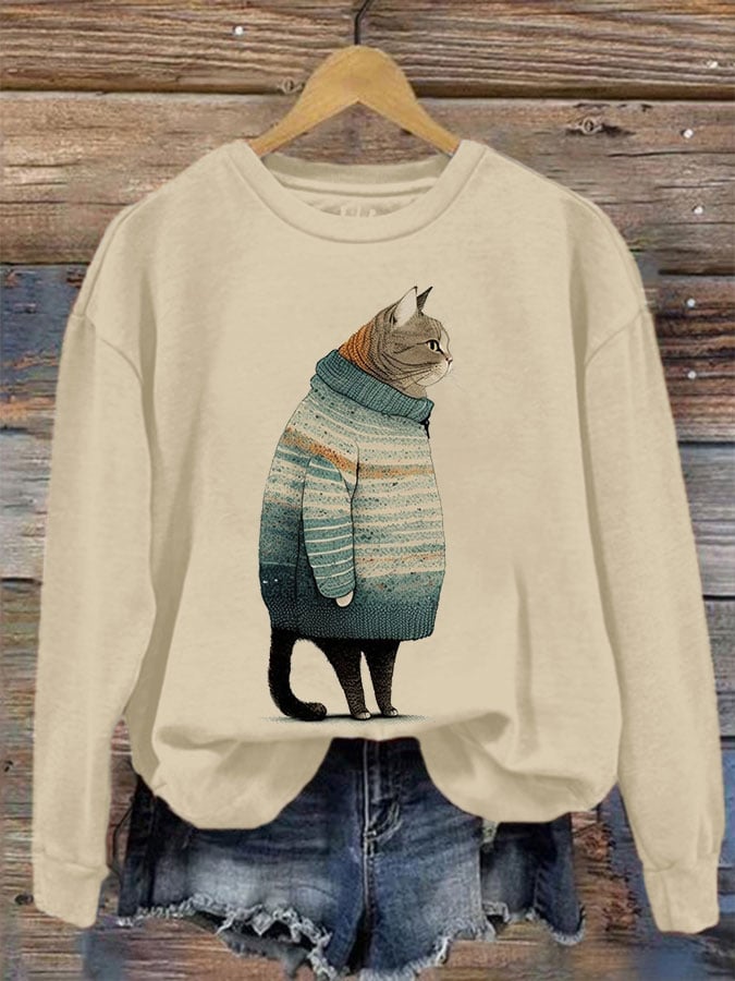 Women's Winter Cat Print Crew Neck Sweatshirt