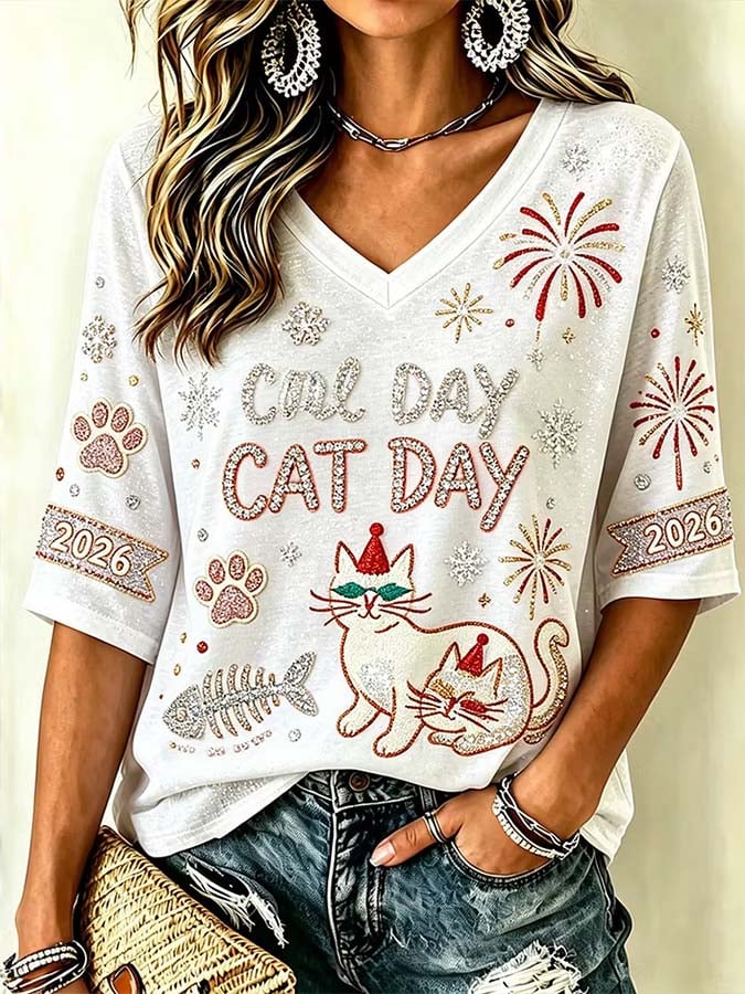 Women'S Casual Cat-Print Top