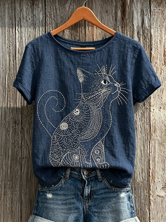 Women's Cute Cat Art Print Casual T-shirt