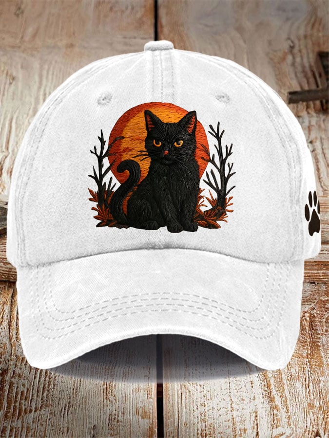 Unisex Distressed Washed Cute Cat Print Hat