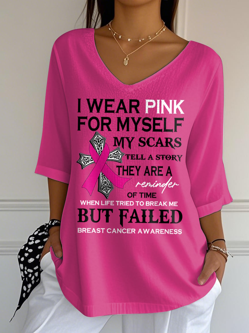 Women's Breast Cancer I Wear Pink For Myself My Scars Printed T-Shirt