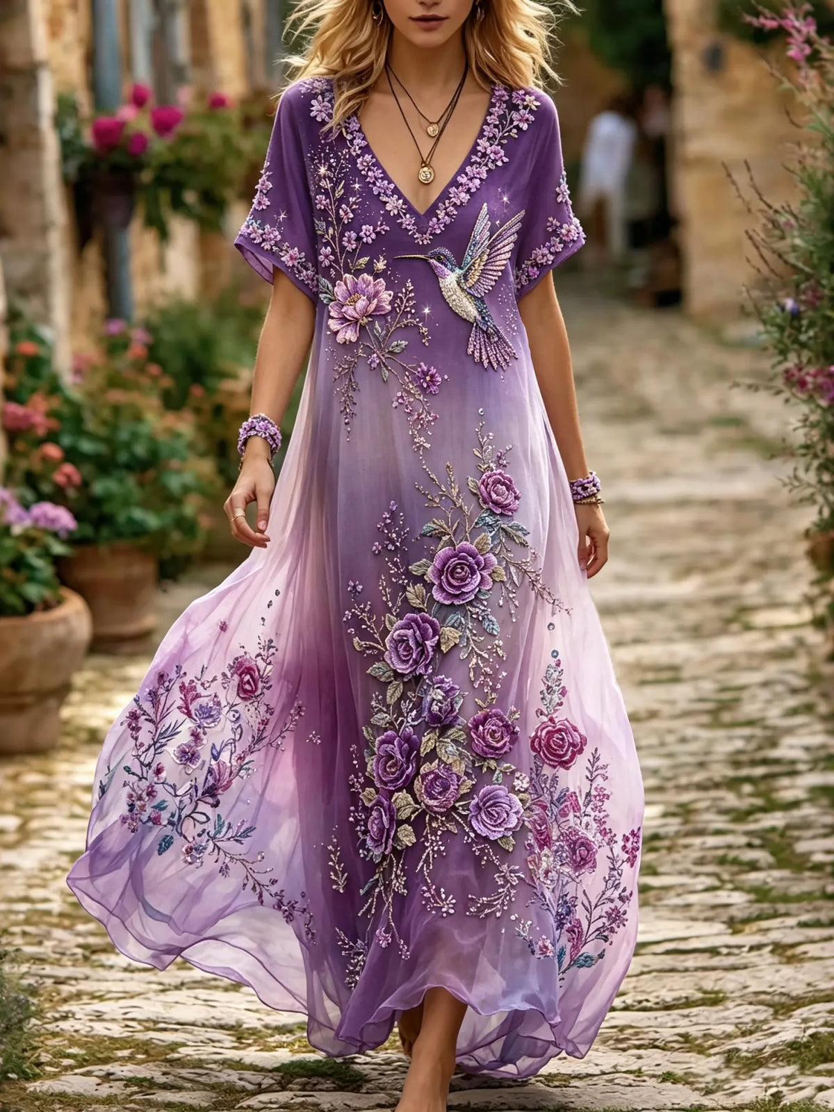 Women's Retro Hummingbird Floral V-neck Cotton Linen Dress