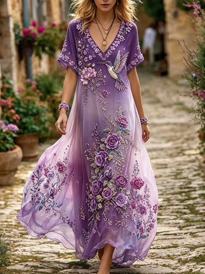 Women's Retro Hummingbird Floral V-neck Cotton Linen Dress