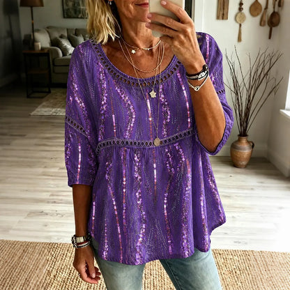 Women's Retro Purple Floral Art Cotton Linen Crew Neck T-shirt