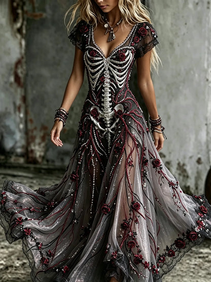 Women's  Retro Gothic Skull Floral Pattern Short Sleeves Maxi Halloween Dress