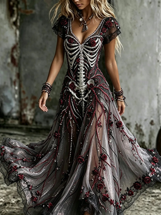 Women's  Retro Gothic Skull Floral Pattern Short Sleeves Maxi Halloween Dress