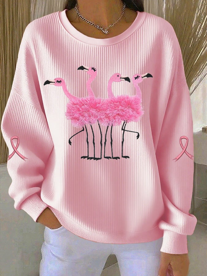 Women's Breast Cancer Print Knit Crew Neck Long Sleeve Top