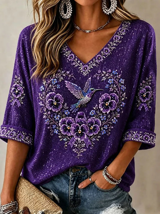Women's Vintage Purple Pansy And Birds Art Three-quarter Sleeve Top