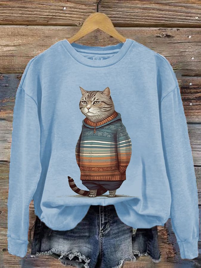 Women's Winter Cat Print Crew Neck Sweatshirt