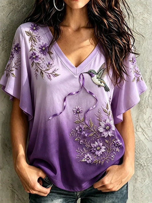 Women's Vintage Floral And Bird Gradient V-neck T-shirt